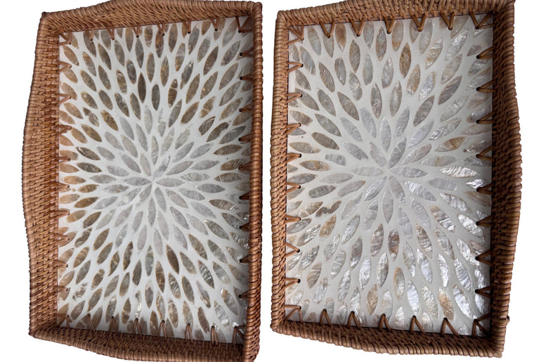 Scalloped Edge Rattan Rectangular Tray with Mother of Pearl Inlay – Handmade Decorative Serving Tray, Natural Woven Tray, Coffee Table Decor