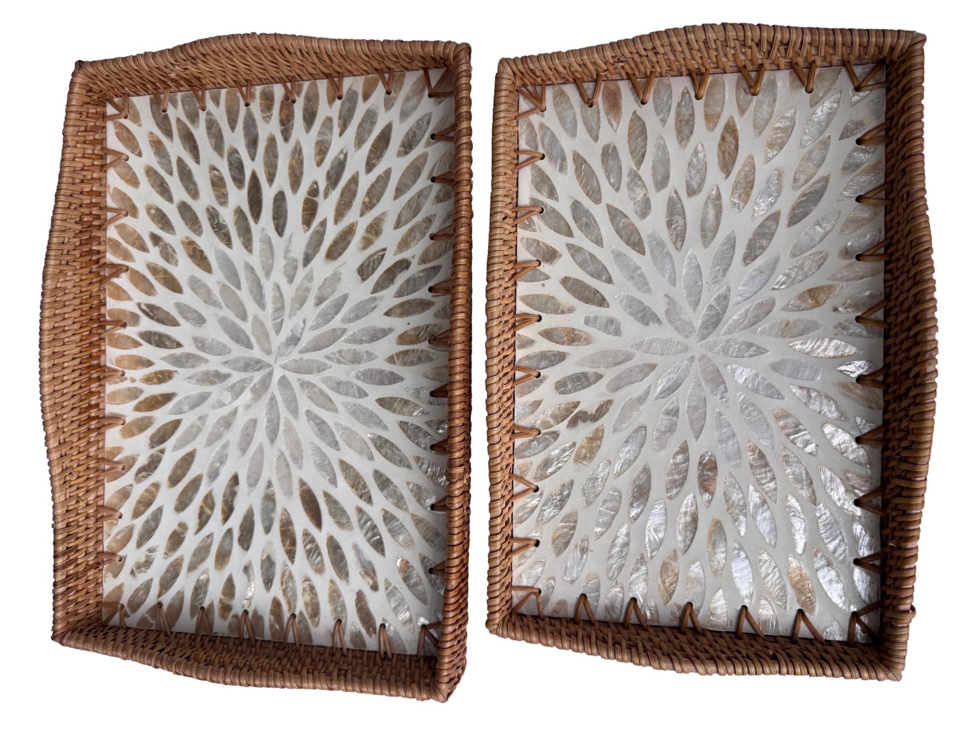 Scalloped Edge Rattan Rectangular Tray with Mother of Pearl Inlay – Handmade Decorative Serving Tray, Natural Woven Tray, Coffee Table Decor