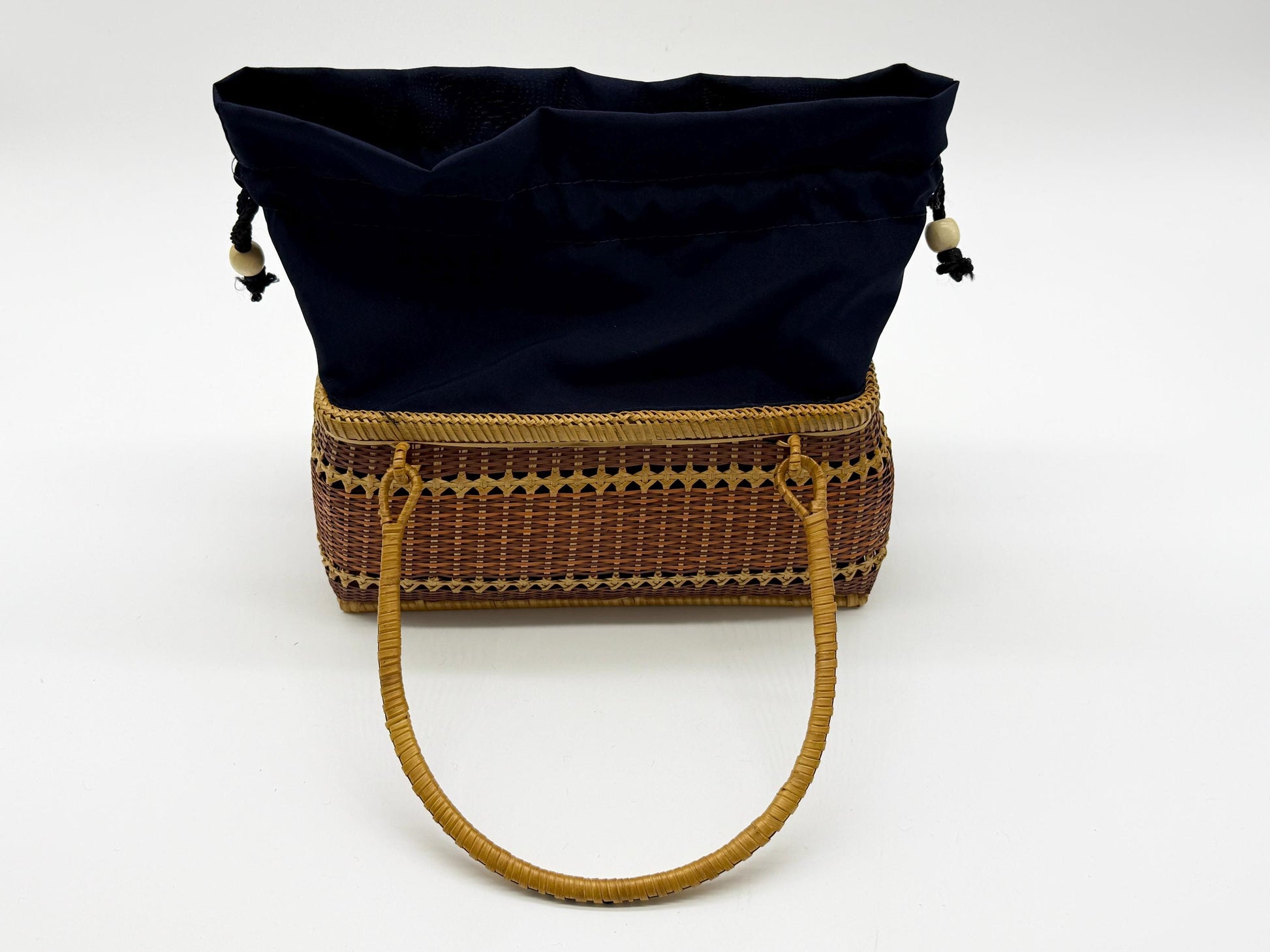 Handwoven Rectangular Bamboo Handbag, Wicker Basket Purse with Fabric Lining, Boho Top Handle Bag, Summer Tote, 9.4x3.9x10.2in