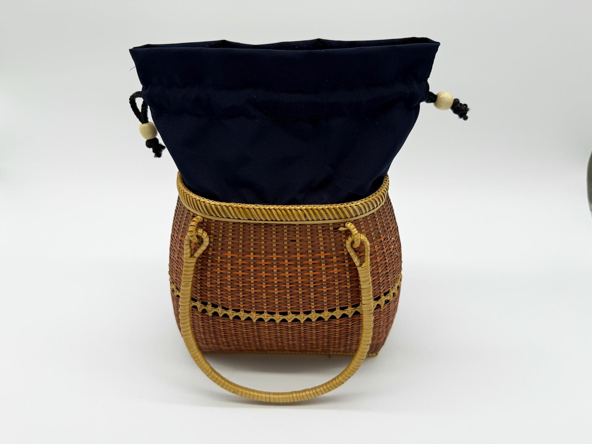 Small Bamboo Basket Handbag, Handmade Rattan Purse with Fabric Lining, Woven Summer Tote Bag, Boho Shoulder Bag, 7.1x3.5x12.2in