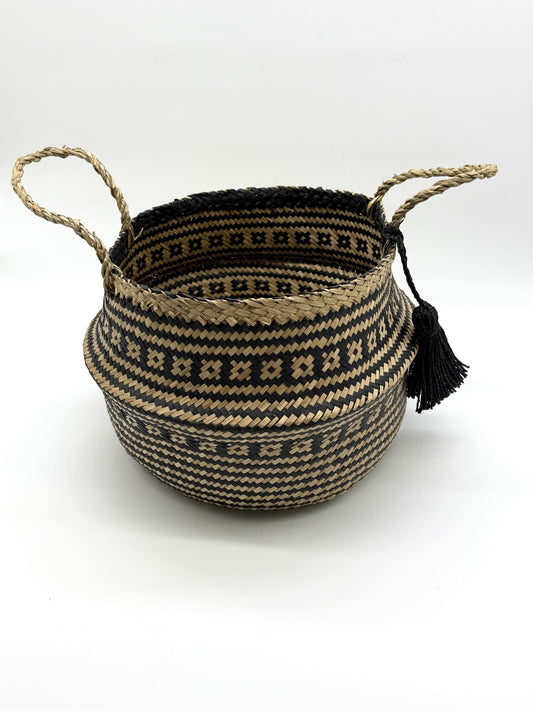 Boho Seagrass Storage Basket with Black Geometric Pattern, Foldable Woven Basket with Tassel, 13.8 Inch Basket