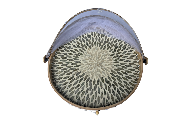 Round Bamboo Food Cover with Mesh Dome, Mother of Pearl Inlay Bamboo Tray, Handmade Food Protector, Kitchen Serving Tray 16 Inch