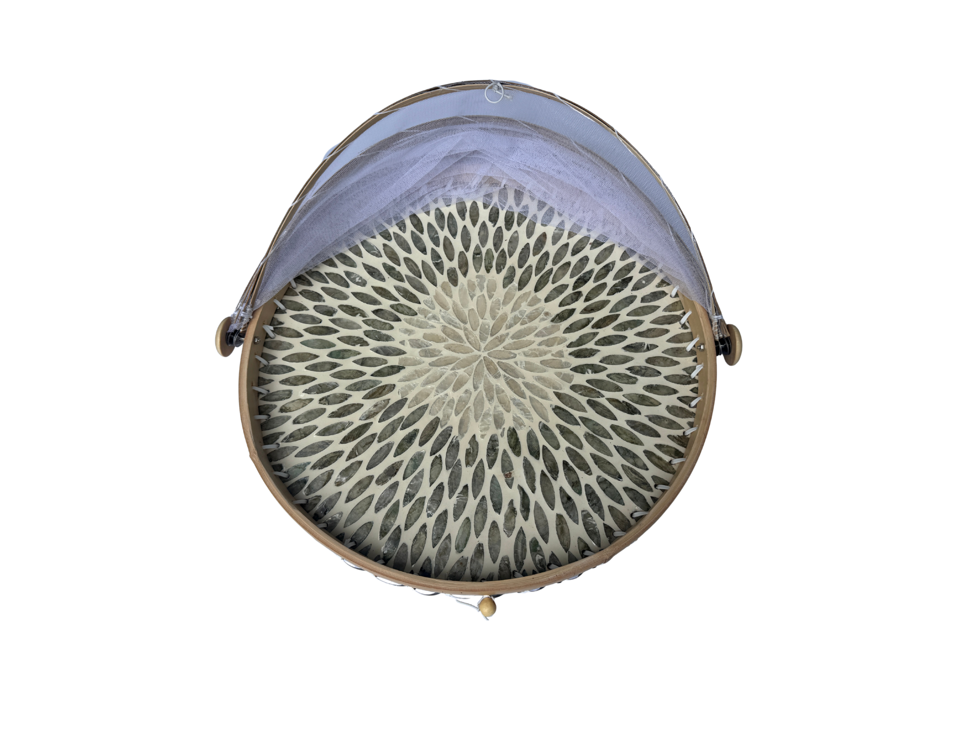 Round Bamboo Food Cover with Mesh Dome, Mother of Pearl Inlay Bamboo Tray, Handmade Food Protector, Kitchen Serving Tray 16 Inch
