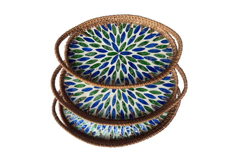 Oval Rattan Tray with Handles and Mother of Pearl Inlay Base, Handmade Woven Serving Tray, Boho Home Decor, Handmade Vietnam