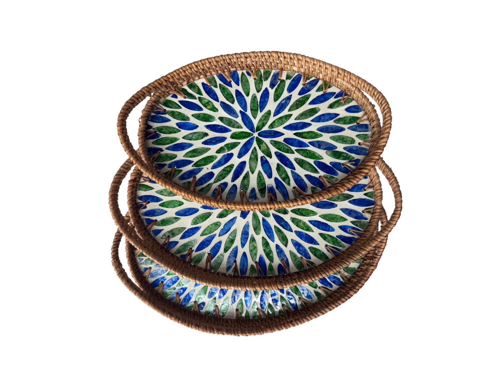 Oval Rattan Tray with Handles and Mother of Pearl Inlay Base, Handmade Woven Serving Tray, Boho Home Decor, Handmade Vietnam