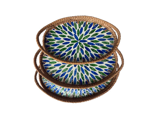 Oval Rattan Tray with Handles and Mother of Pearl Inlay Base, Handmade Woven Serving Tray, Boho Home Decor, Handmade Vietnam