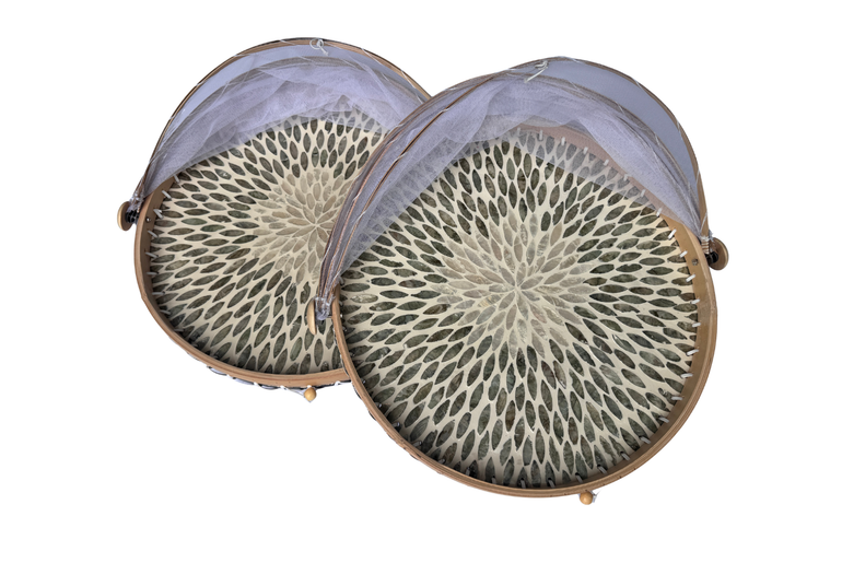 Round Bamboo Food Cover with Mesh Dome, Mother of Pearl Inlay Bamboo Tray, Handmade Food Protector, Kitchen Serving Tray 16 Inch