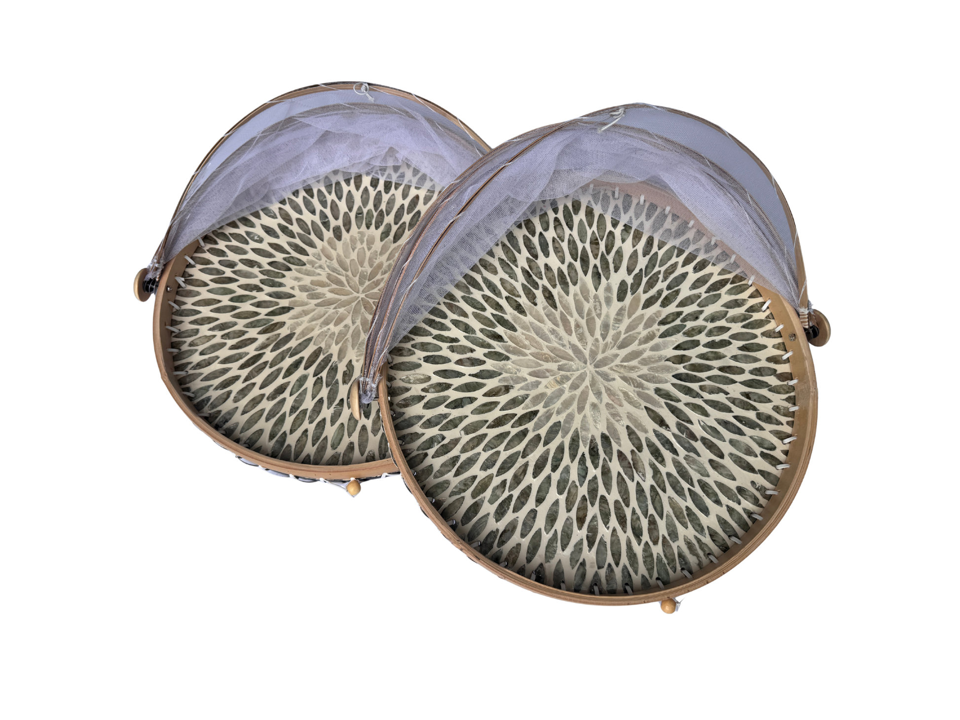 Round Bamboo Food Cover with Mesh Dome, Mother of Pearl Inlay Bamboo Tray, Handmade Food Protector, Kitchen Serving Tray 16 Inch