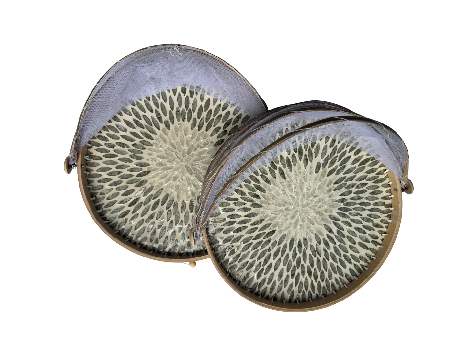 Round Bamboo Food Cover with Mesh Dome, Mother of Pearl Inlay Bamboo Tray, Handmade Food Protector, Kitchen Serving Tray 16 Inch