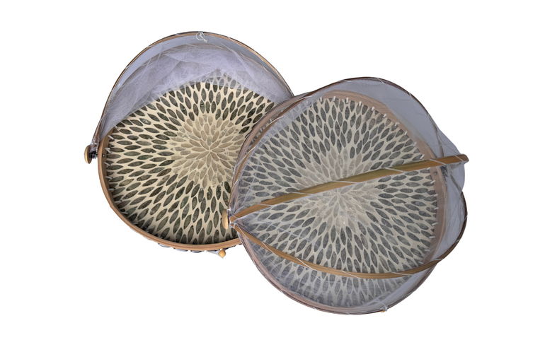 Round Bamboo Food Cover with Mesh Dome, Mother of Pearl Inlay Bamboo Tray, Handmade Food Protector, Kitchen Serving Tray 16 Inch