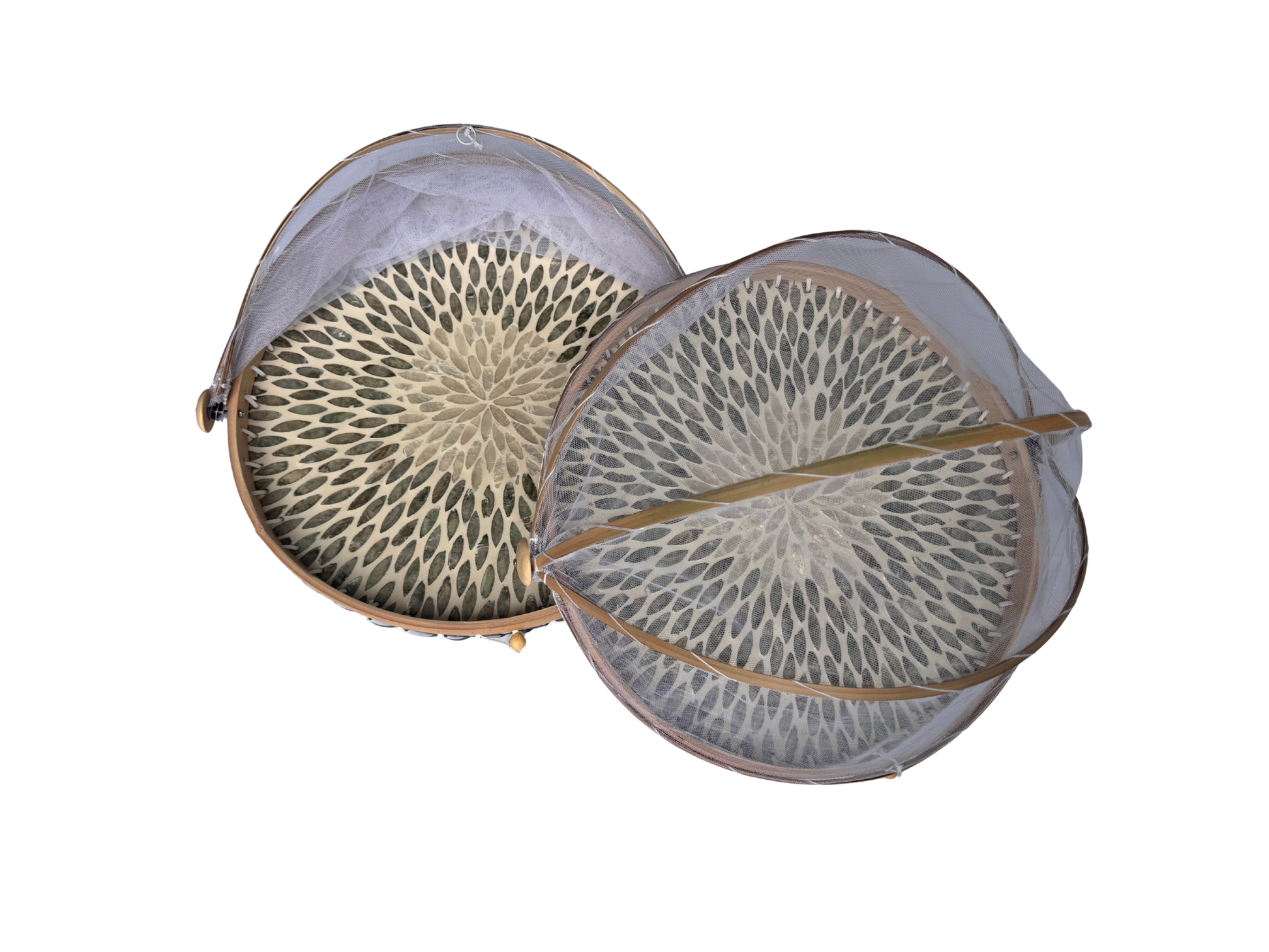 Round Bamboo Food Cover with Mesh Dome, Mother of Pearl Inlay Bamboo Tray, Handmade Food Protector, Kitchen Serving Tray 16 Inch