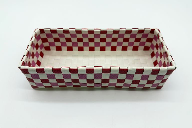 Compact Checkered Woven Tray, Narrow Guest Towel Holder, Handy Plastic Vanity Tray, Space-Saving Silverware Basket, Small Desk Catchall