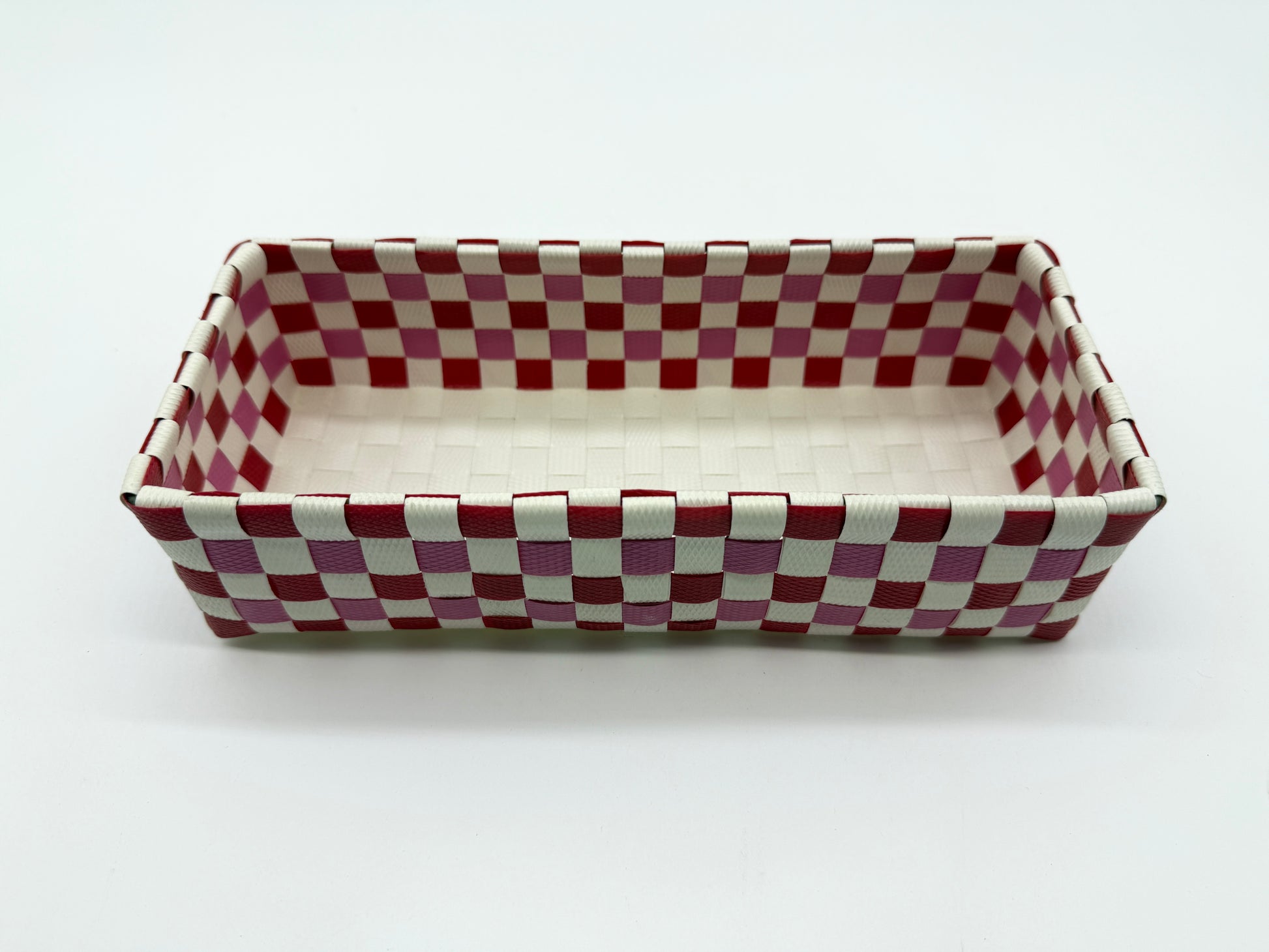 Compact Checkered Woven Tray, Narrow Guest Towel Holder, Handy Plastic Vanity Tray, Space-Saving Silverware Basket, Small Desk Catchall