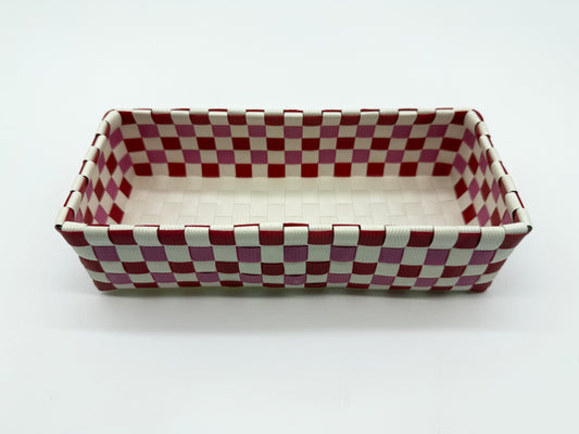 Compact Checkered Woven Tray, Narrow Guest Towel Holder, Handy Plastic Vanity Tray, Space-Saving Silverware Basket, Small Desk Catchall