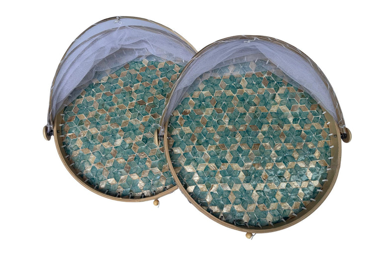 Round Bamboo Food Cover with Mother of Pearl Base 40cm – Handwoven Mesh Food Tent for Elegant Table Setting