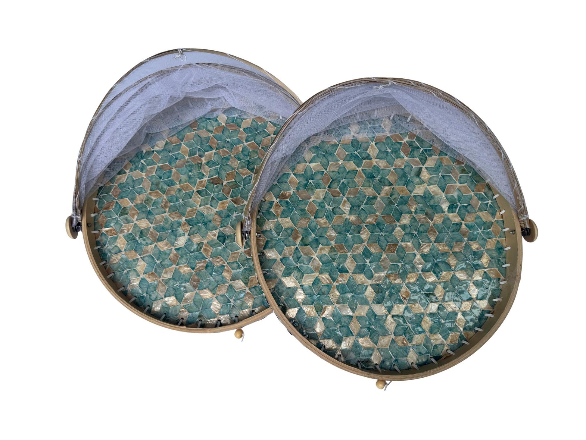 Round Bamboo Food Cover with Mother of Pearl Base 40cm – Handwoven Mesh Food Tent for Elegant Table Setting
