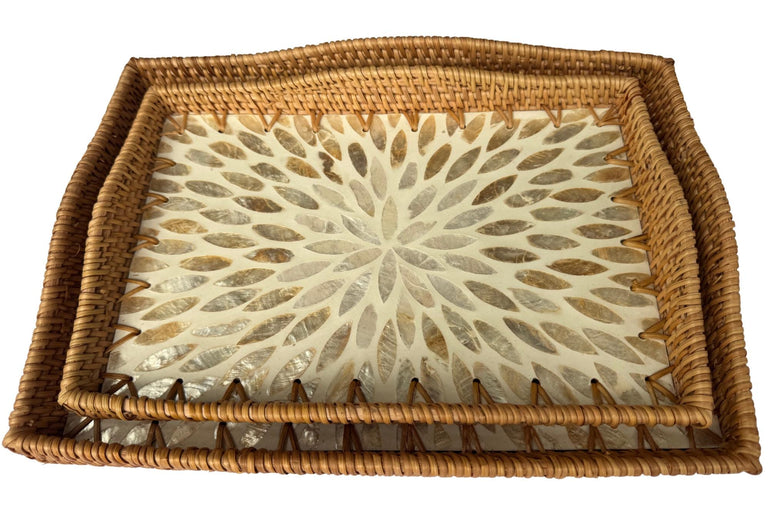 Scalloped Edge Rattan Rectangular Tray with Mother of Pearl Inlay – Handmade Decorative Serving Tray, Natural Woven Tray, Coffee Table Decor