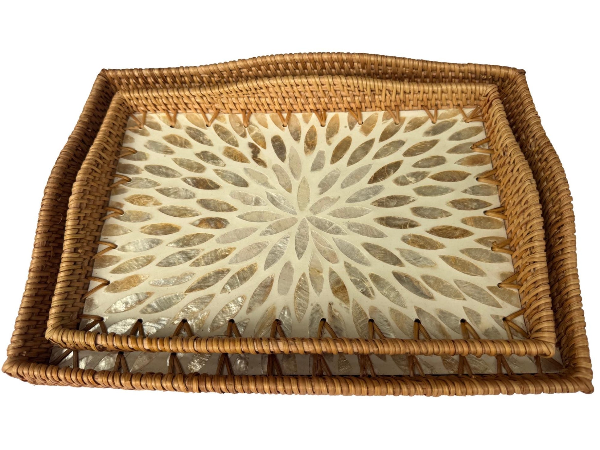 Scalloped Edge Rattan Rectangular Tray with Mother of Pearl Inlay – Handmade Decorative Serving Tray, Natural Woven Tray, Coffee Table Decor