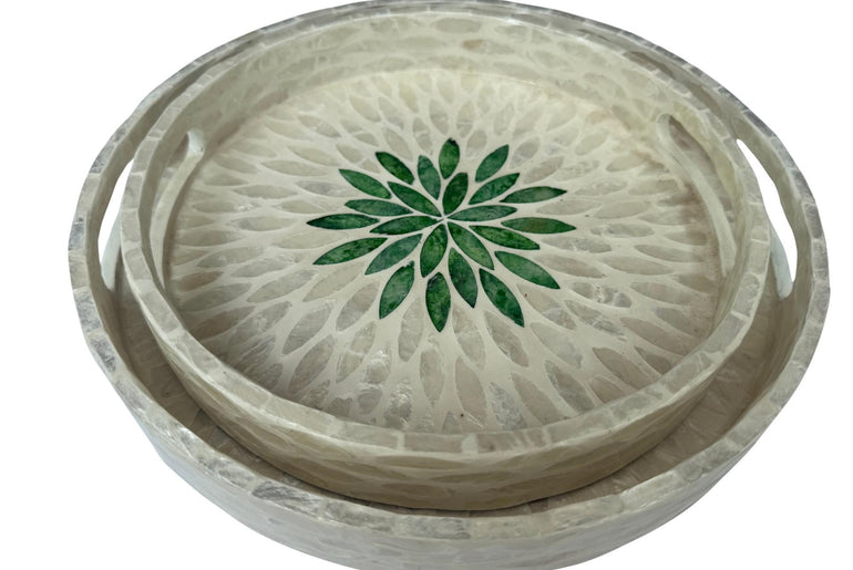 Handmade Round Shell Inlay Tray – Mother of Pearl Decorative Serving Tray, Elegant Coffee Table Organizer, Luxury Vanity Tray, Gift Idea
