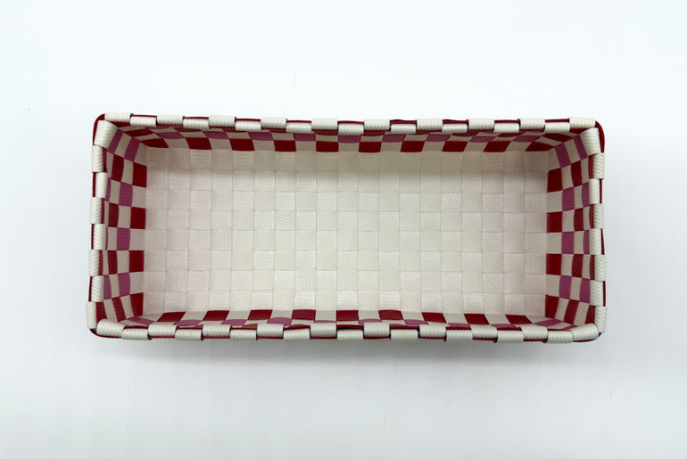 Compact Checkered Woven Tray, Narrow Guest Towel Holder, Handy Plastic Vanity Tray, Space-Saving Silverware Basket, Small Desk Catchall