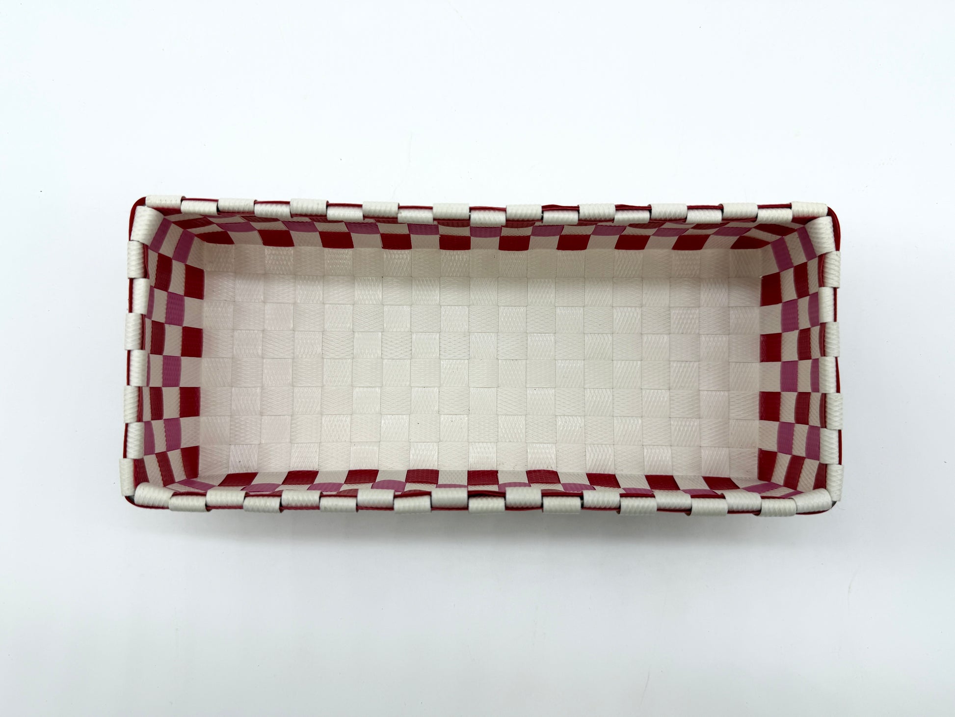 Compact Checkered Woven Tray, Narrow Guest Towel Holder, Handy Plastic Vanity Tray, Space-Saving Silverware Basket, Small Desk Catchall