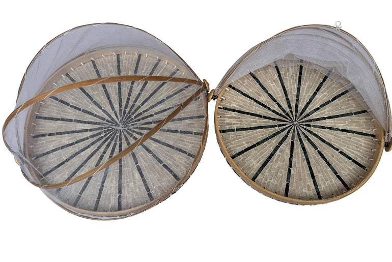 Bamboo Food Cover with Mother of Pearl Tray, Foldable Mesh Food Tent, Handmade Serving Tray, Fruit Cover, Kitchen Decor