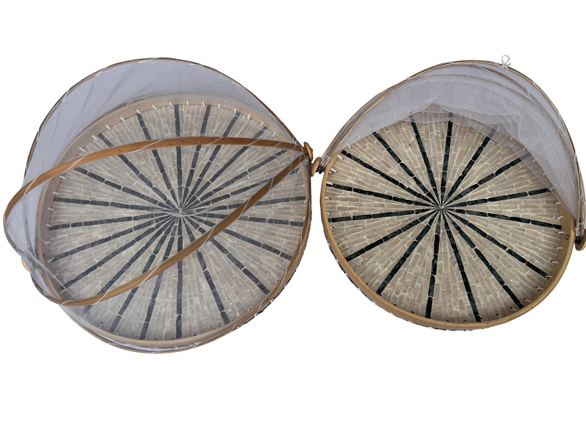 Bamboo Food Cover with Mother of Pearl Tray, Foldable Mesh Food Tent, Handmade Serving Tray, Fruit Cover, Kitchen Decor