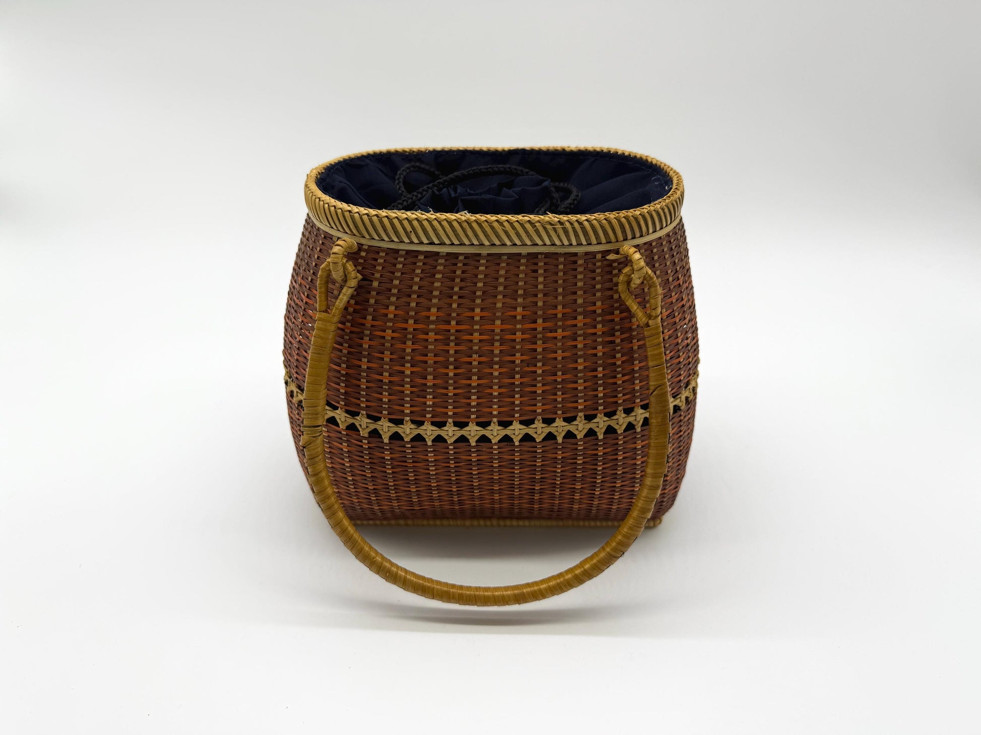 Small Bamboo Basket Handbag, Handmade Rattan Purse with Fabric Lining, Woven Summer Tote Bag, Boho Shoulder Bag, 7.1x3.5x12.2in