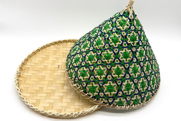 Handwoven Bamboo Food Cover with Tray, Floral Mesh Food Tent, Fly Protection Cover for Fruit, Picnic Serving Dome, 13in