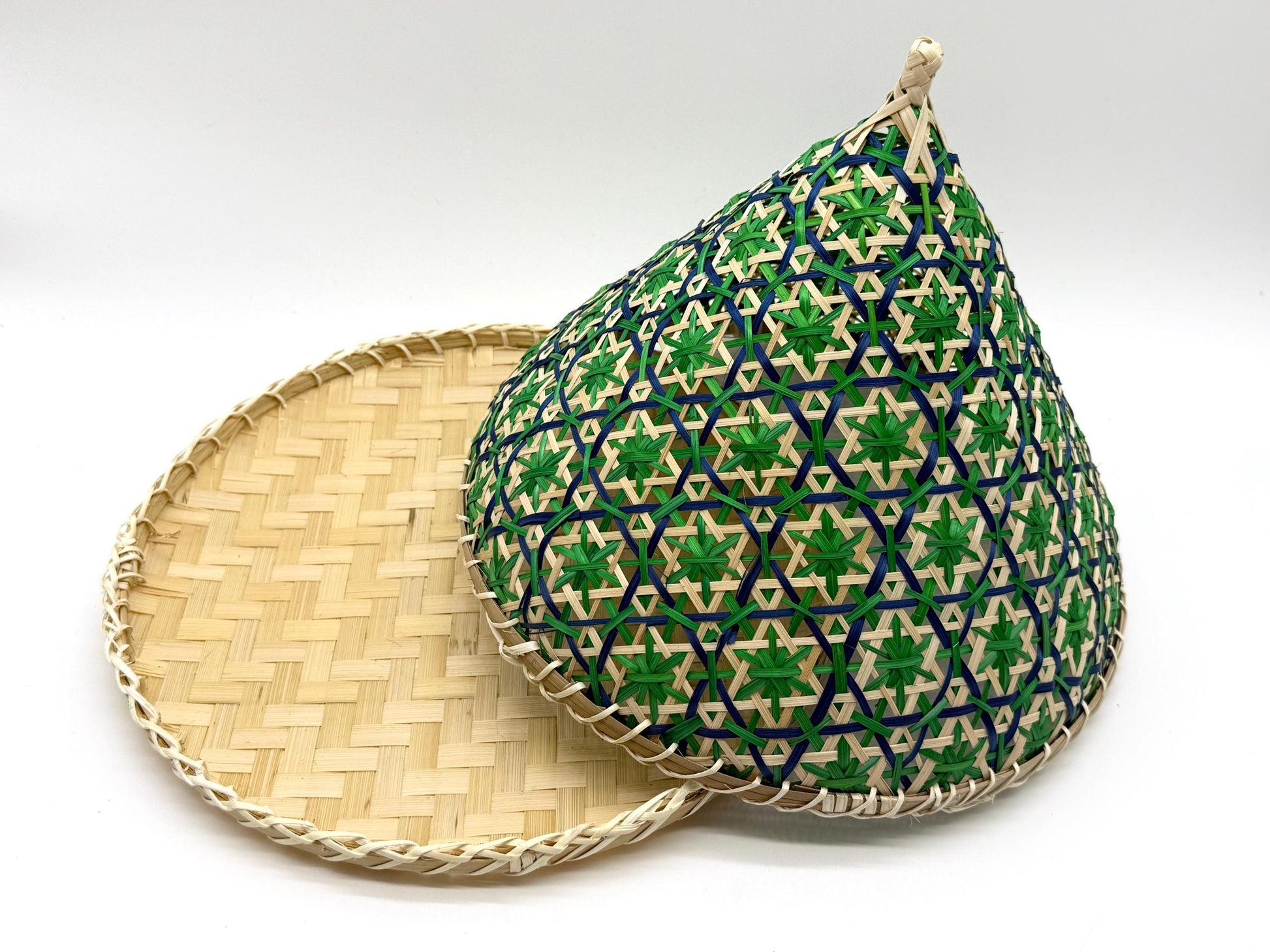 Handwoven Bamboo Food Cover with Tray, Floral Mesh Food Tent, Fly Protection Cover for Fruit, Picnic Serving Dome, 13in
