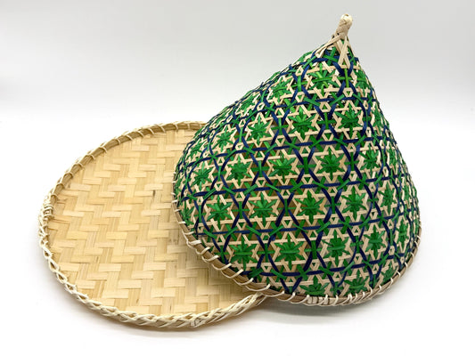 Handwoven Bamboo Food Cover with Tray, Floral Mesh Food Tent, Fly Protection Cover for Fruit, Picnic Serving Dome, 13in