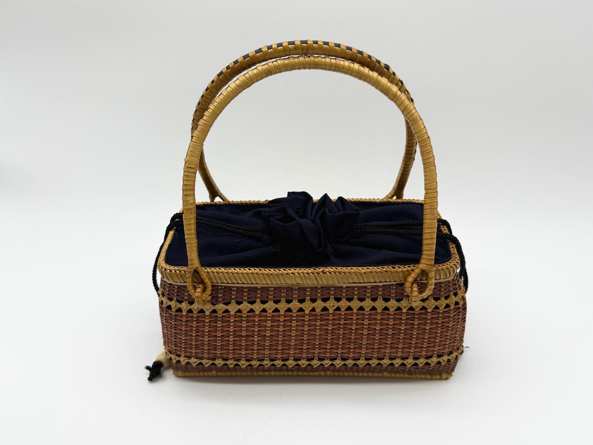 Handwoven Rectangular Bamboo Handbag, Wicker Basket Purse with Fabric Lining, Boho Top Handle Bag, Summer Tote, 9.4x3.9x10.2in