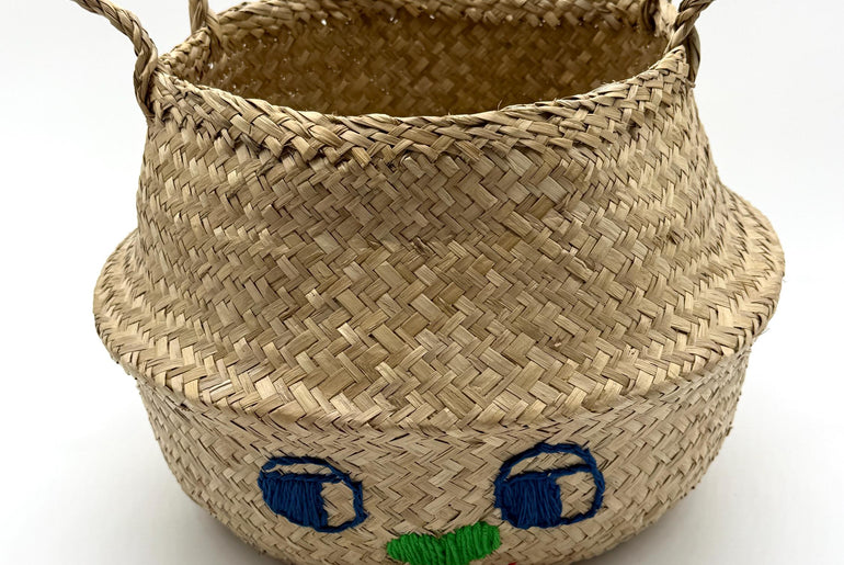 Bunny Face Seagrass Storage Basket with Handles, Foldable Woven Basket, Blanket Storage Bin, Boho Room Decor, 13.8in