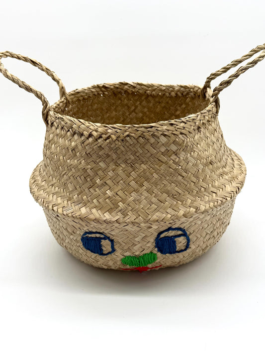 Bunny Face Seagrass Storage Basket with Handles, Foldable Woven Basket, Blanket Storage Bin, Boho Room Decor, 13.8in