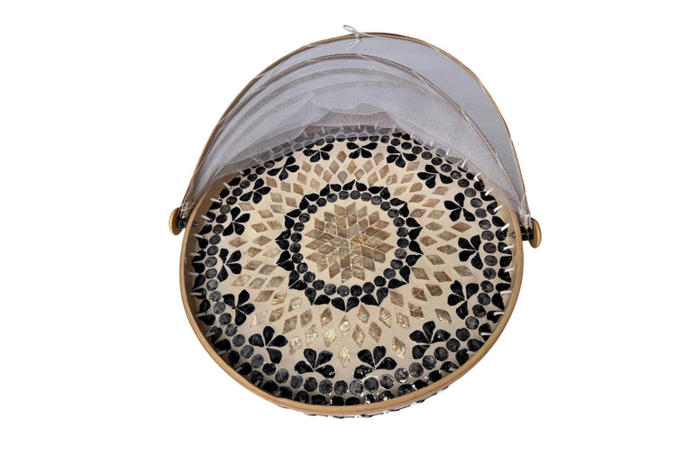Round Bamboo Food Cover with Mother of Pearl Base 40cm – Handwoven Mesh Food Tent for Elegant Table Setting