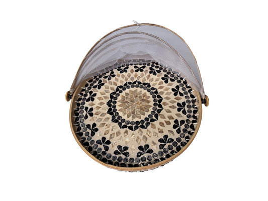 Round Bamboo Food Cover with Mother of Pearl Base 40cm – Handwoven Mesh Food Tent for Elegant Table Setting