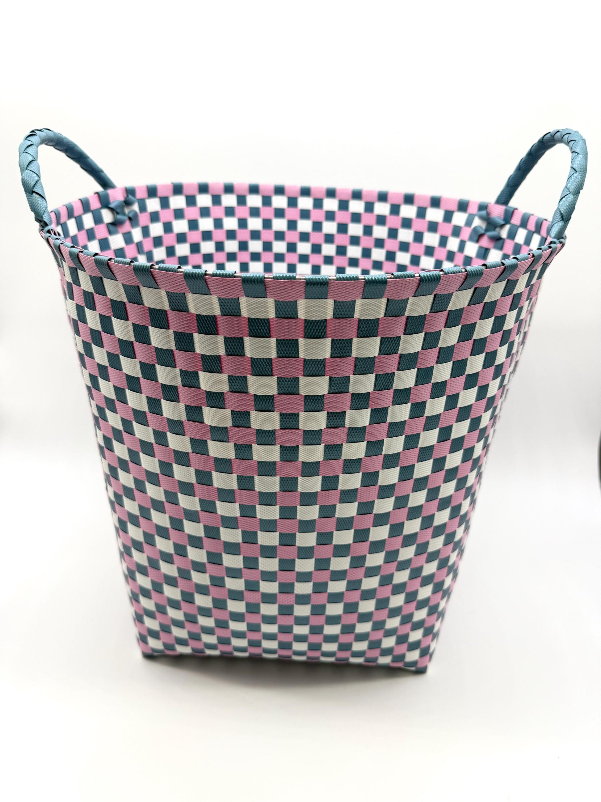 Round Woven Plastic Basket with Handles, Handmade Laundry Hamper, Multi Color Storage Bin for Toys Blankets Bathroom