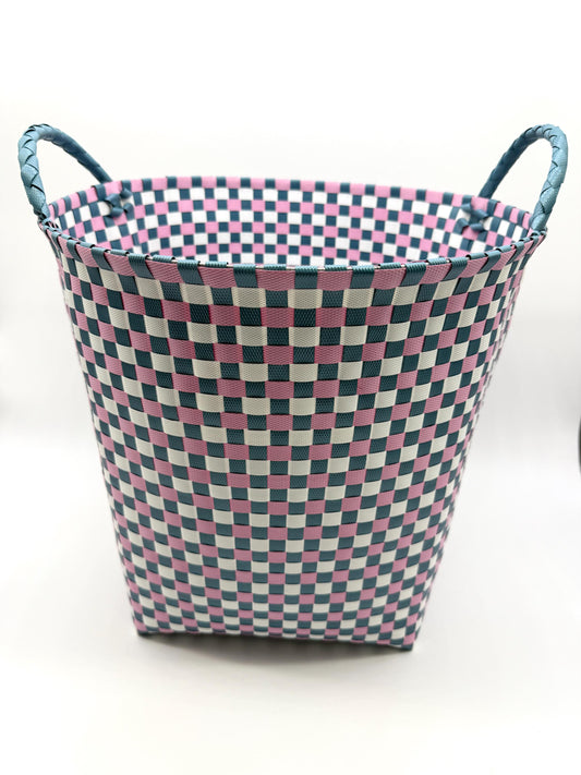 Round Woven Plastic Basket with Handles, Handmade Laundry Hamper, Multi Color Storage Bin for Toys Blankets Bathroom