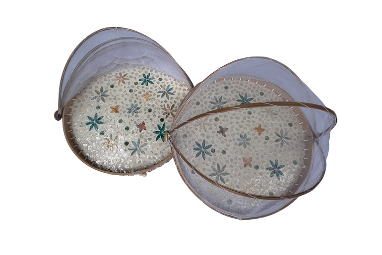 Handmade Bamboo Food Cover with Mesh Net Dome, Round Mother of Pearl Inlay Serving Tray, Large Kitchen Food Protector 18 Inch