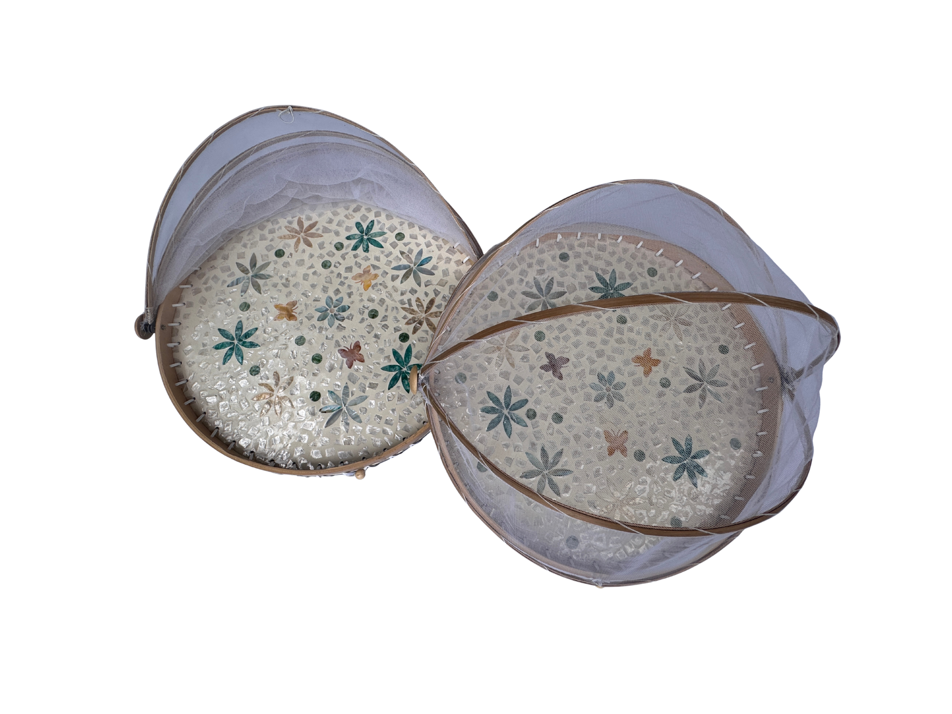 Handmade Bamboo Food Cover with Mesh Net Dome, Round Mother of Pearl Inlay Serving Tray, Large Kitchen Food Protector 18 Inch