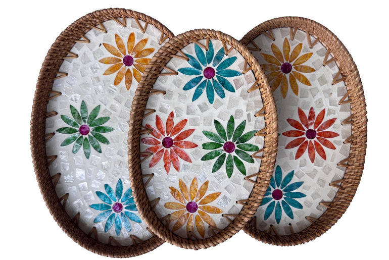 Oval Rattan Tray with Mother of Pearl Inlay – Boho Coffee Table, Ottoman Styling, Serving