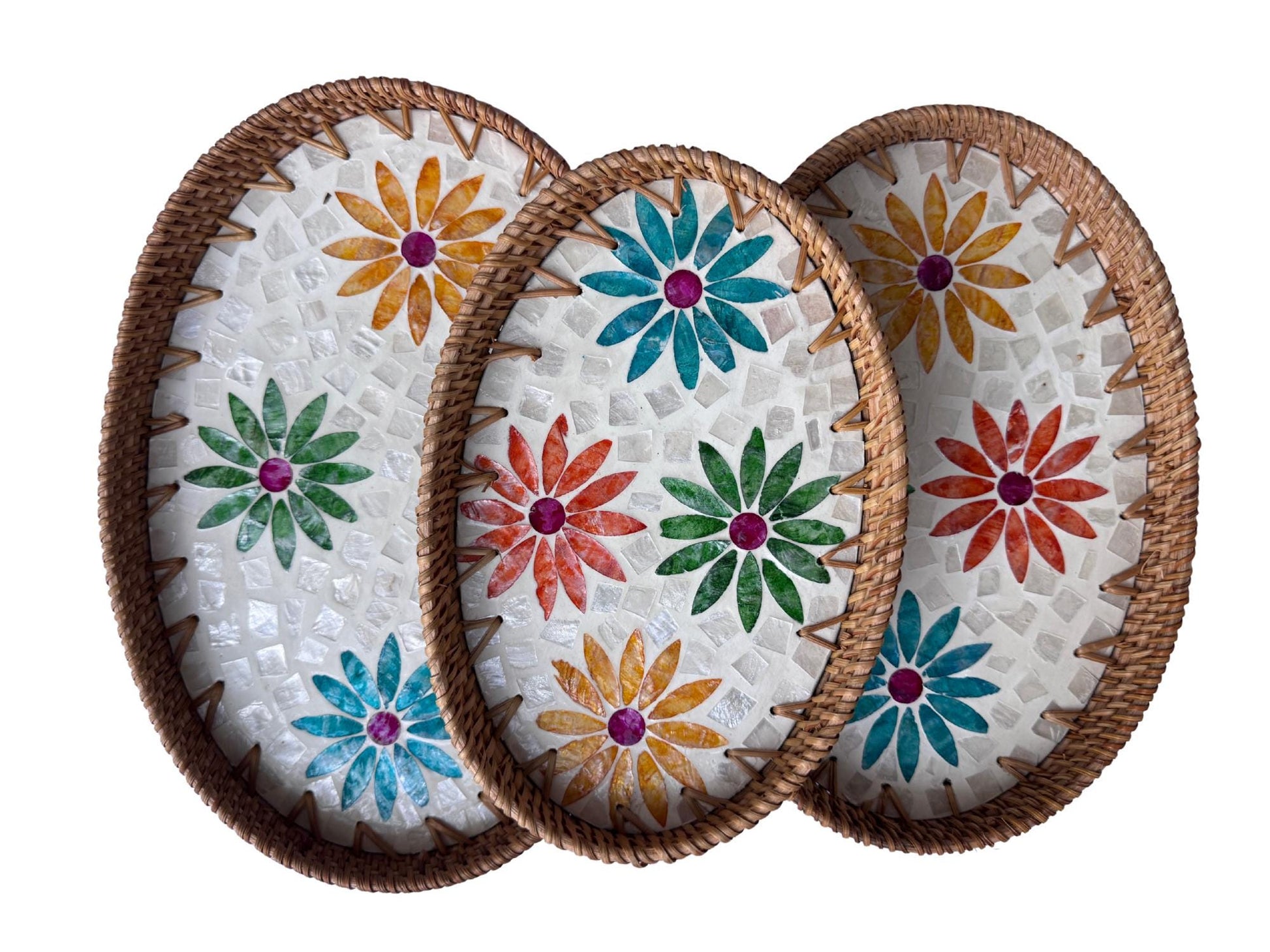 Oval Rattan Tray with Mother of Pearl Inlay – Boho Coffee Table, Ottoman Styling, Serving