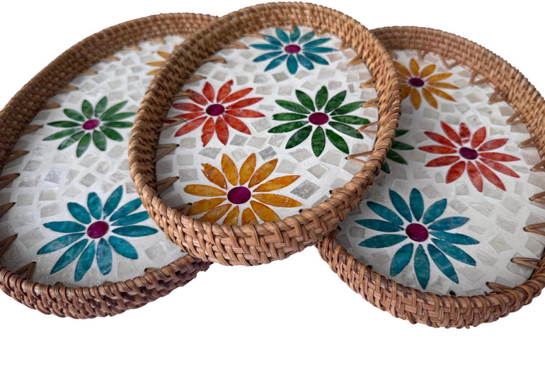 Oval Rattan Tray with Mother of Pearl Inlay – Boho Coffee Table, Ottoman Styling, Serving