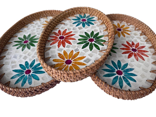 Oval Rattan Tray with Mother of Pearl Inlay – Boho Coffee Table, Ottoman Styling, Serving