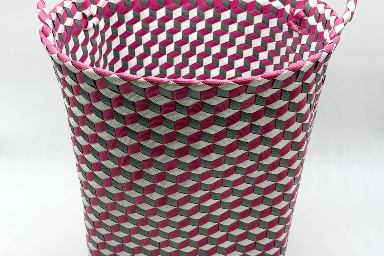 3D Woven Plastic Storage Basket with Handles, Handmade Laundry Basket, Decorative Organizer Bin for Toys Bathroom Nursery