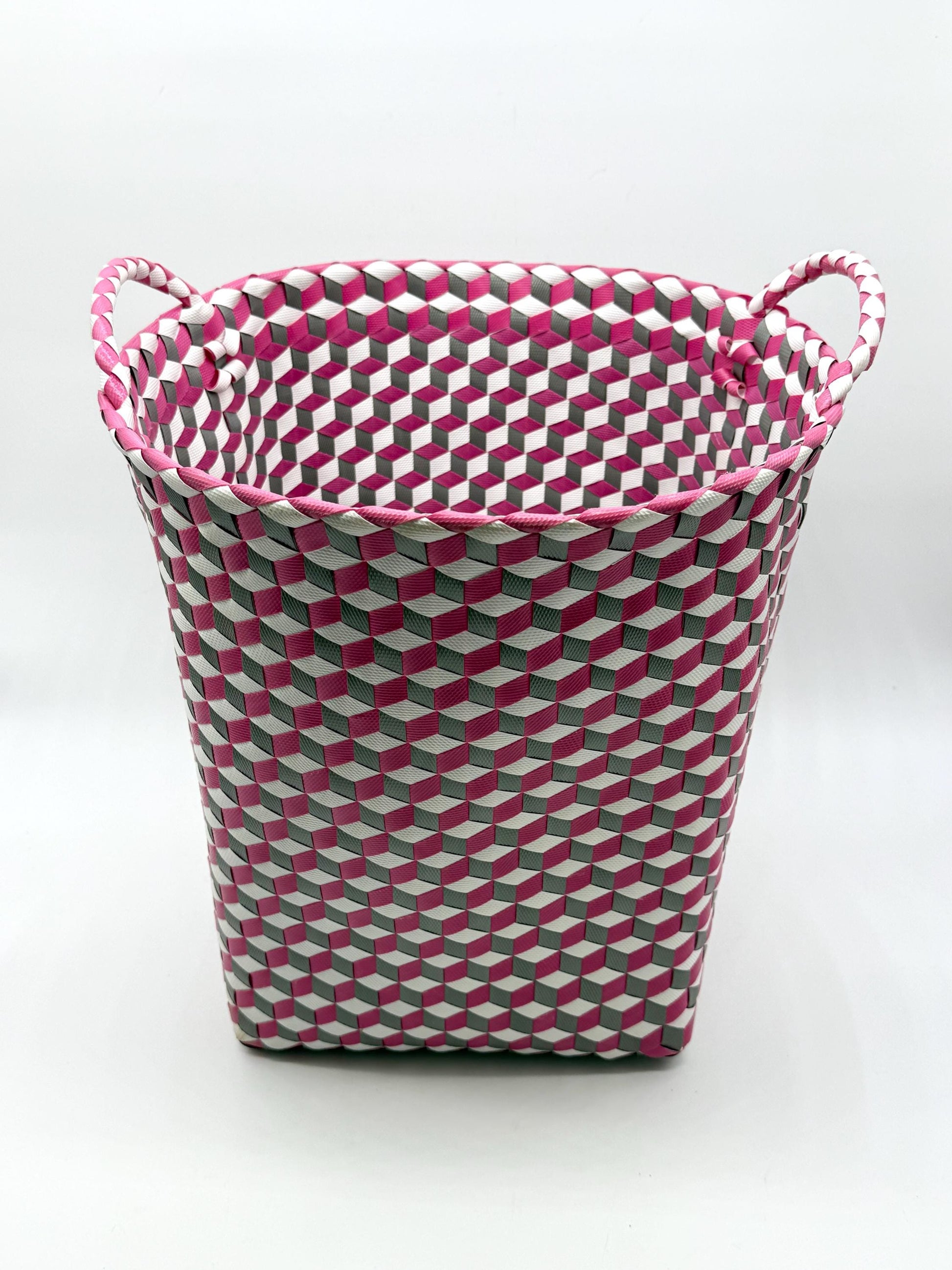 3D Woven Plastic Storage Basket with Handles, Handmade Laundry Basket, Decorative Organizer Bin for Toys Bathroom Nursery
