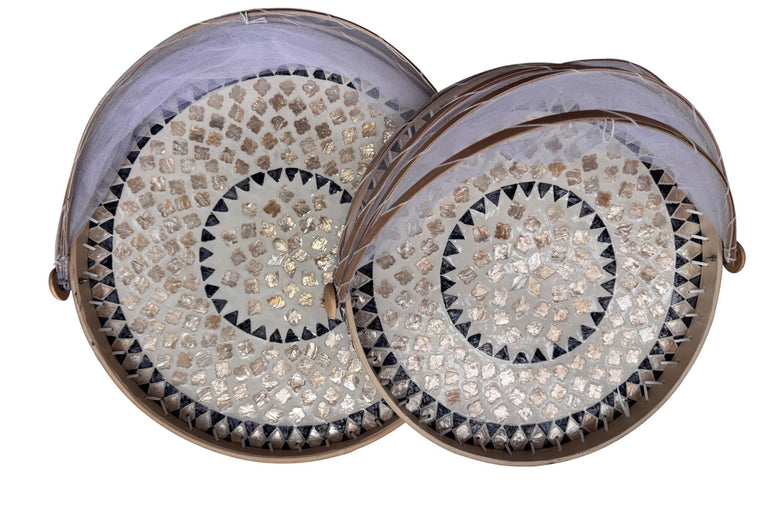 Bamboo Food Cover with Mother of Pearl Tray, Foldable Mesh Food Tent, Handmade Serving Tray, Fruit Cover, Kitchen Decor