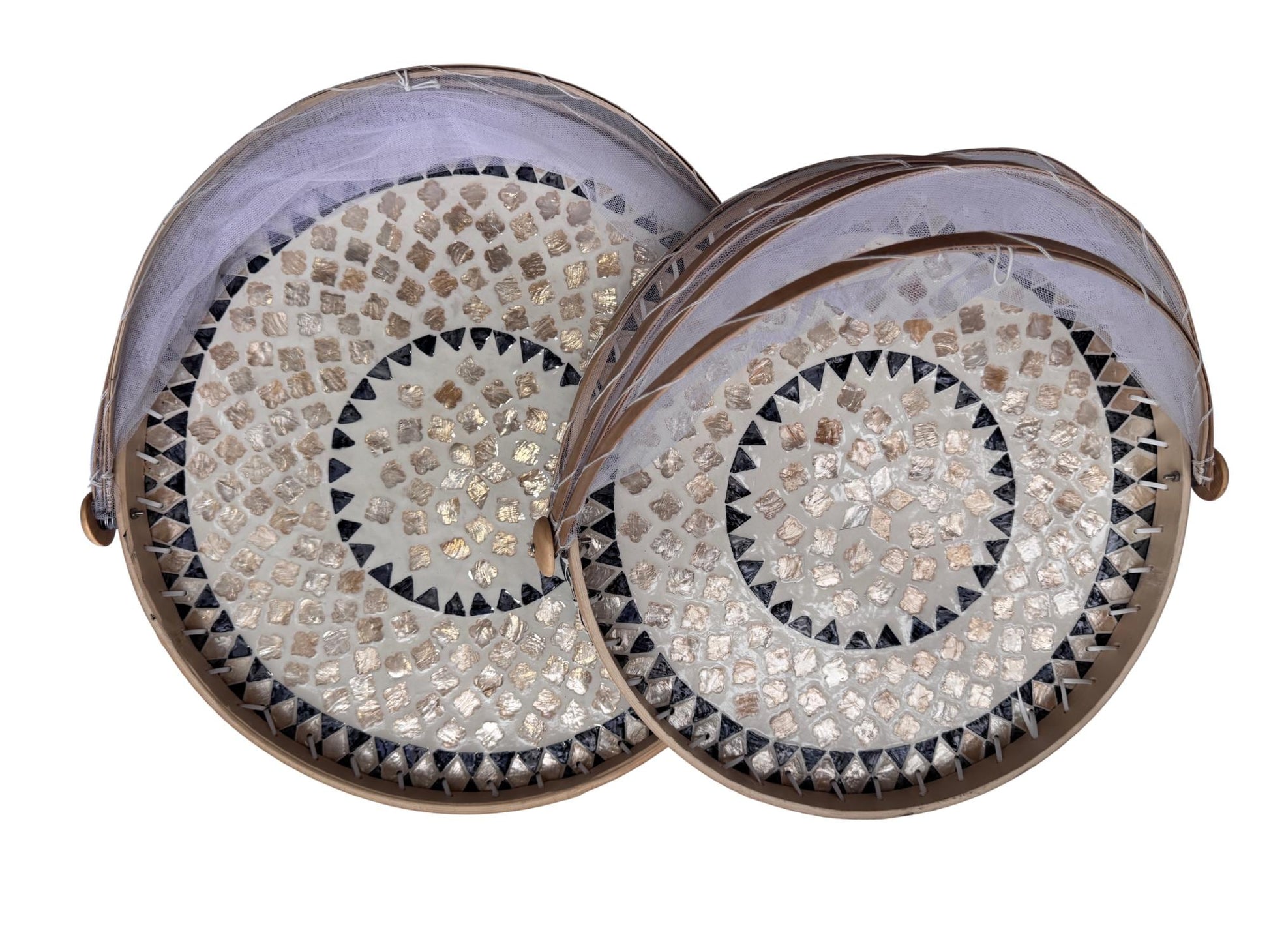 Bamboo Food Cover with Mother of Pearl Tray, Foldable Mesh Food Tent, Handmade Serving Tray, Fruit Cover, Kitchen Decor