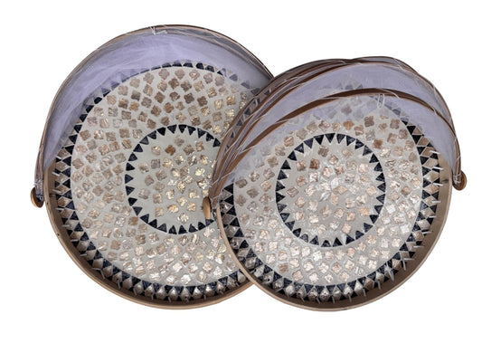 Bamboo Food Cover with Mother of Pearl Tray, Foldable Mesh Food Tent, Handmade Serving Tray, Fruit Cover, Kitchen Decor