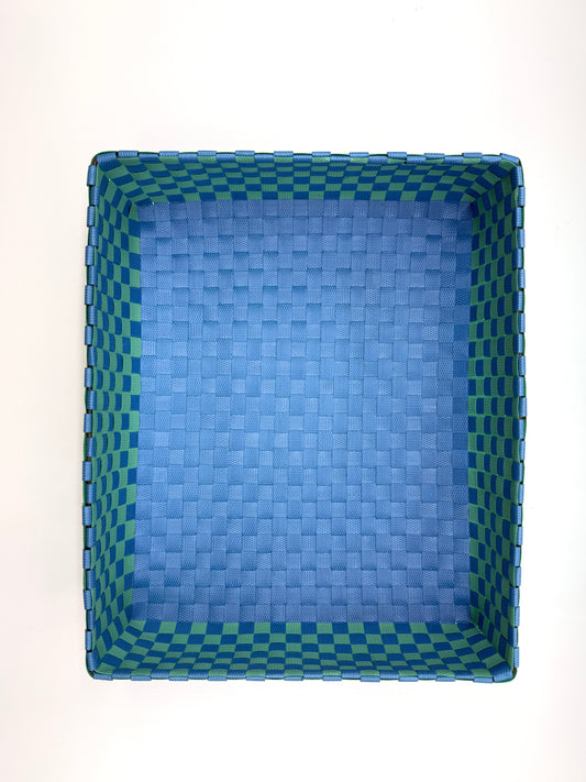 Checkered Woven Plastic Tray, Colorful Handwoven Serving Tray, Large Boho Catchall Basket, Waterproof Bathroom Vanity Tray, Desk Organizer